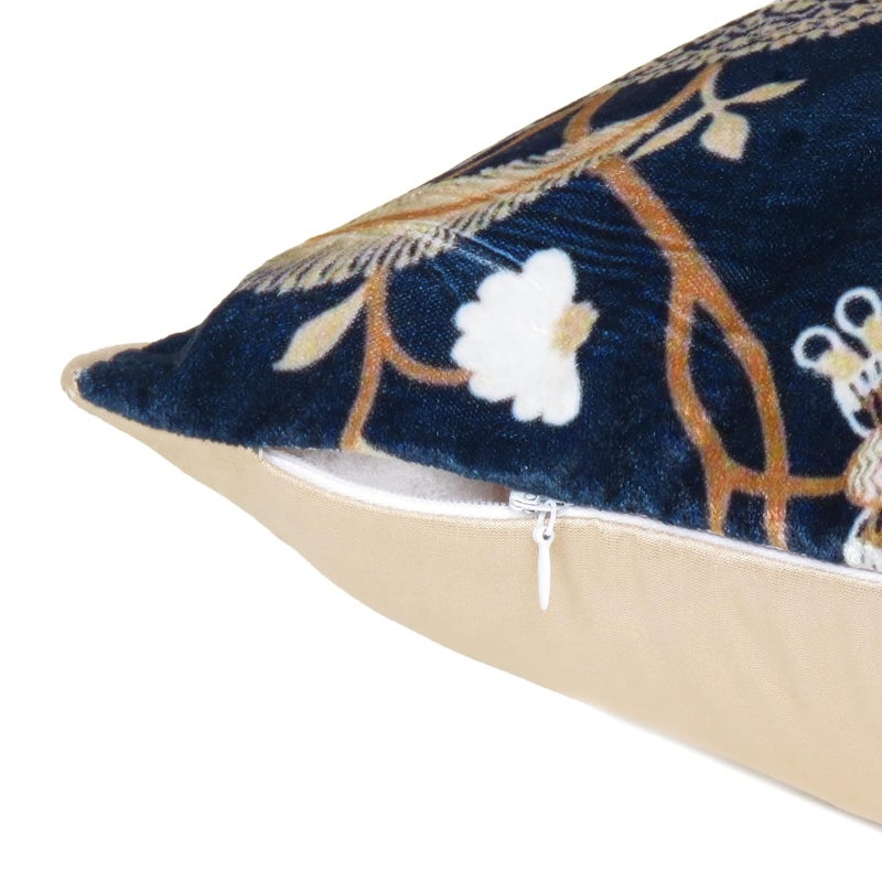 Riara Velvet Cushion Cover Printed Pillow Covers Square Throw Cover Decorative Hand Made Soft Pillowcases for Sofa Zipper Closer Set of 2 (12"x12", Blue & Golden Floral Print) - Image 4