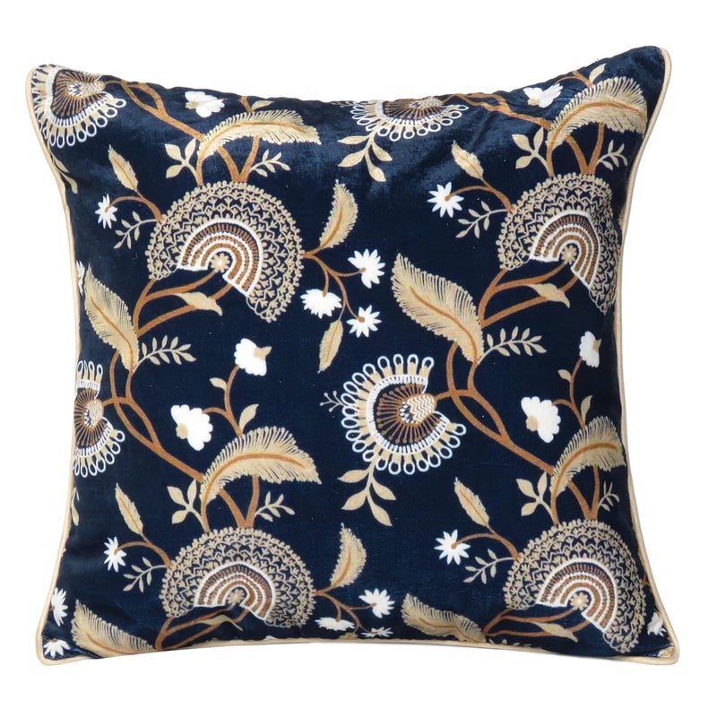 Riara Velvet Cushion Cover Printed Pillow Covers Square Throw Cover Decorative Hand Made Soft Pillowcases for Sofa Zipper Closer Set of 2 (12"x12", Blue & Golden Floral Print) - Image 2