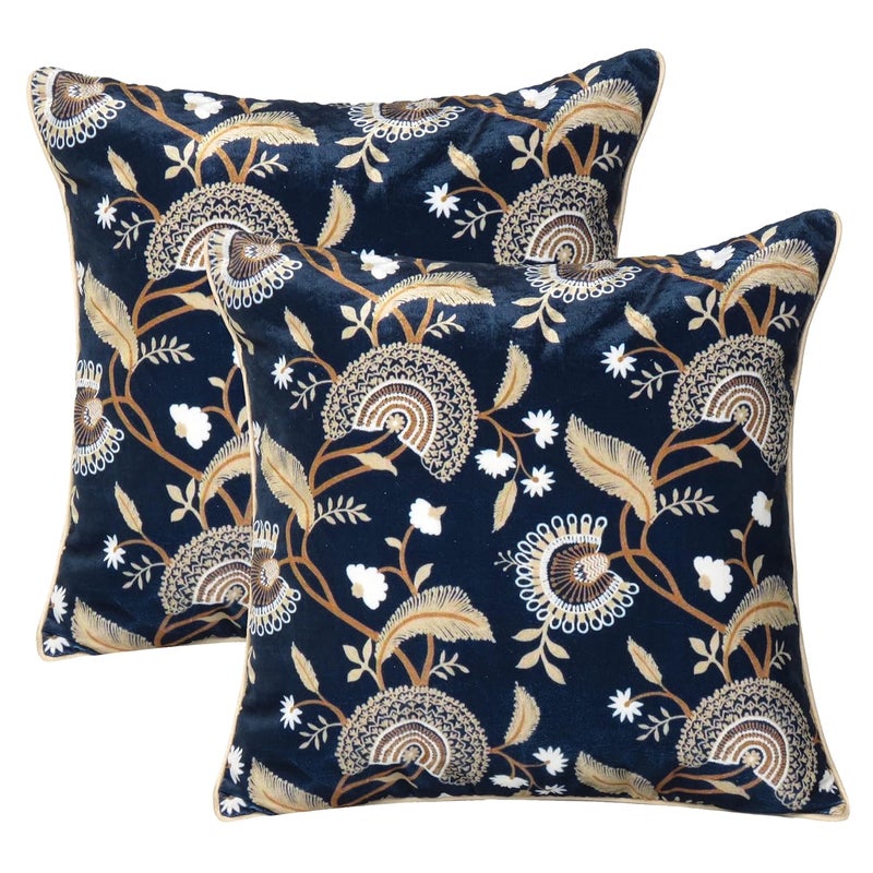 Riara Velvet Cushion Cover Printed Pillow Covers Square Throw Cover Decorative Hand Made Soft Pillowcases for Sofa Zipper Closer Set of 2 (12"x12", Blue & Golden Floral Print) - Image 1
