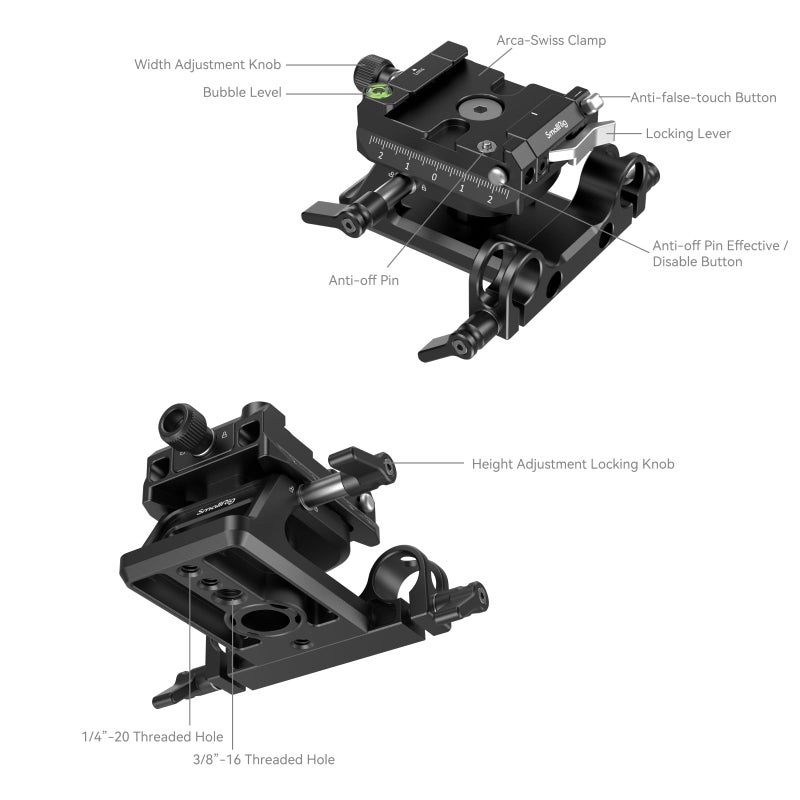 SmallRig Mount Plate for Arca-Swiss Quick Release Clamp and Bottom Plate for Manfrotto Type with Height-Adjustable 15mm Rod Clamp Mount - 4233 - Image 4
