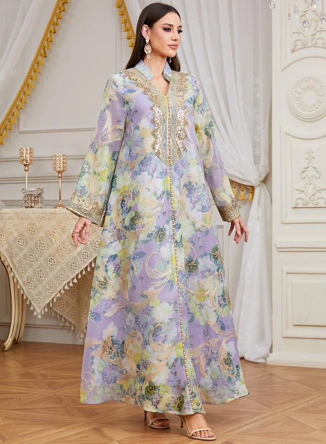تايك تو Purple Floral Print Maxi Jalabiya with Golden Embroidery