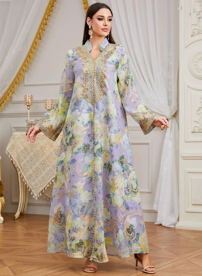 تايك تو Purple Floral Print Maxi Jalabiya with Golden Embroidery