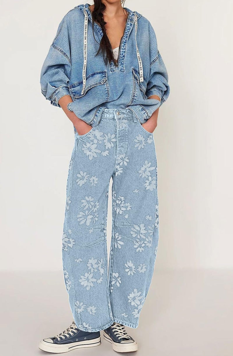 yoeasy Women's Mid Rise Baggy Barrel Jeans Floral Printed Wide Leg Y2k Boyfriend Jeans Denim Ankle Pants (Medium, Light Blue) - Image 2