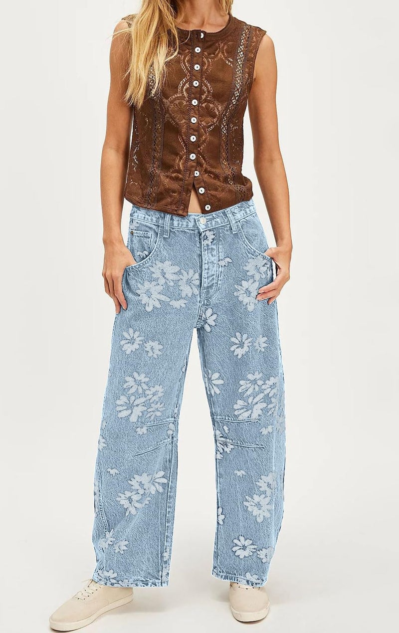 yoeasy Women's Mid Rise Baggy Barrel Jeans Floral Printed Wide Leg Y2k Boyfriend Jeans Denim Ankle Pants (Medium, Light Blue) - Image 4