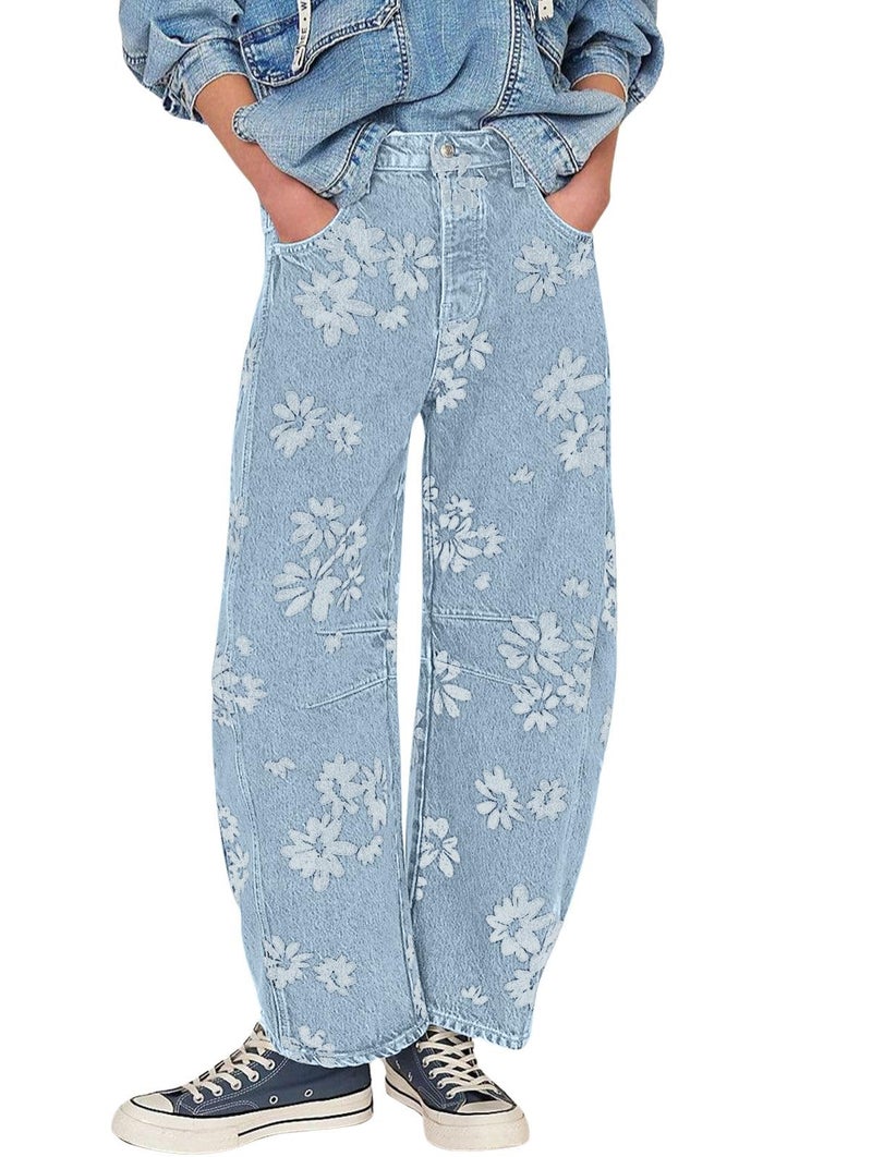 yoeasy Women's Mid Rise Baggy Barrel Jeans Floral Printed Wide Leg Y2k Boyfriend Jeans Denim Ankle Pants (Medium, Light Blue) - Image 1