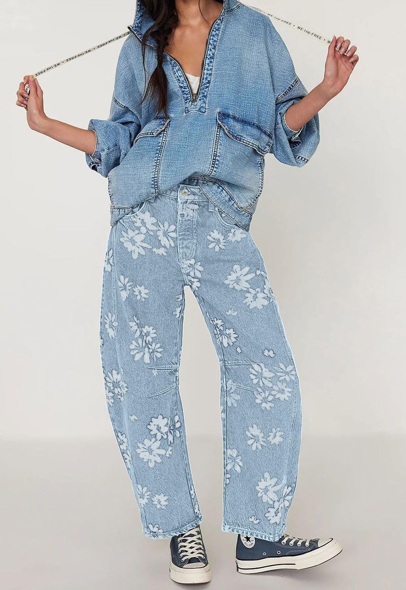 yoeasy Women's Mid Rise Baggy Barrel Jeans Floral Printed Wide Leg Y2k Boyfriend Jeans Denim Ankle Pants (Medium, Light Blue) - Image 3