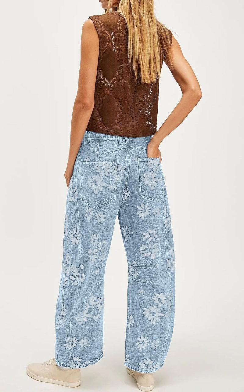 yoeasy Women's Mid Rise Baggy Barrel Jeans Floral Printed Wide Leg Y2k Boyfriend Jeans Denim Ankle Pants (Medium, Light Blue) - Image 5
