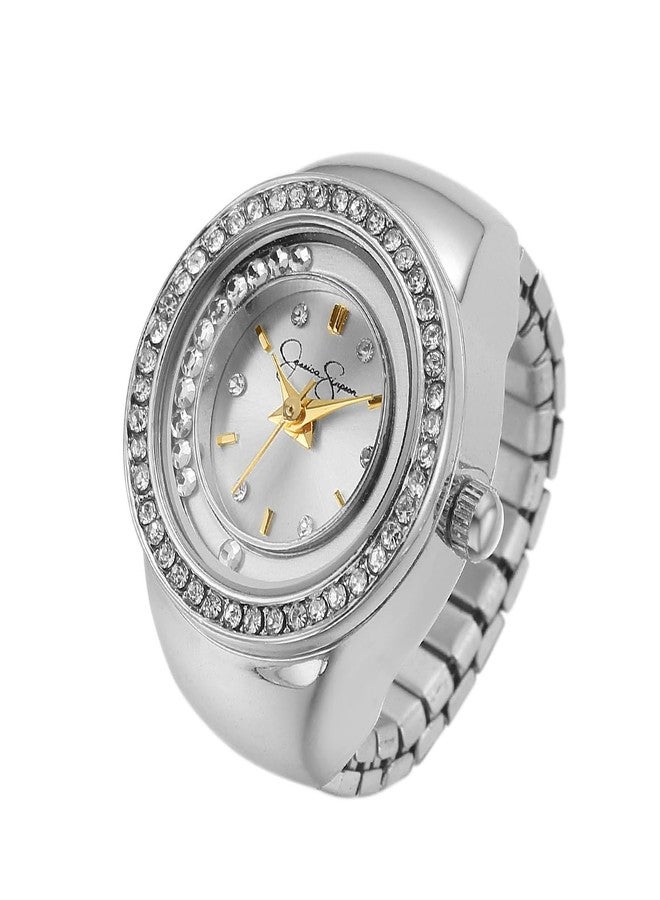 Jessica Simpson Women's Silver Adjustable Ring Watch - Crystal Bezel, Quartz Analog Mini Dial, Stretch Band Fashion Jewelry Accessory - Image 1