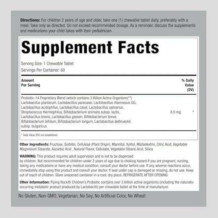 Piping Rock Children's Probiotic Chewable Tablets 14 Strains | 3 Billion CFU | 60 Count | Supplement Blend for Kids | Berry Flavor | Vegetarian, Non-GMO, Gluten Free - Image 2