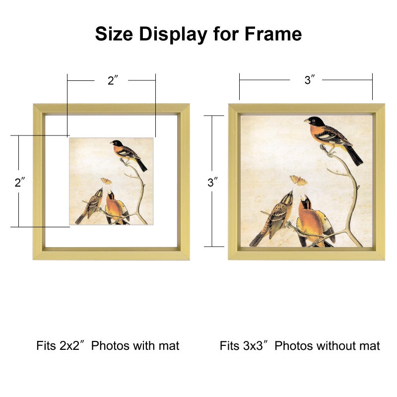 BKABOT 3x3 Picture Frame Set of 3, Brass Metal Square Photo Frames with HD Glass, Fits 2x2 with Mat or 3 x 3 without Mat, Display for Wall and Table - Image 2
