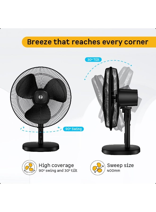 atomberg Renesa 400mm Table Fan | Ideal for Home & Office | Silent BLDC | High Air Delivery | 6 Speeds | 35W | Remote with Oscillation, Timer, Sleep | Easy to Clean | 2 Years Warranty (Black) - Image 4
