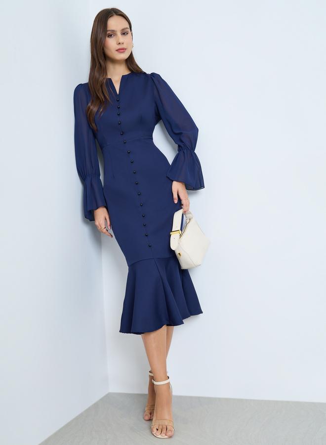 Take Two Dark Blue Button Detail Ruffle Hem Midi Dress - Image 1