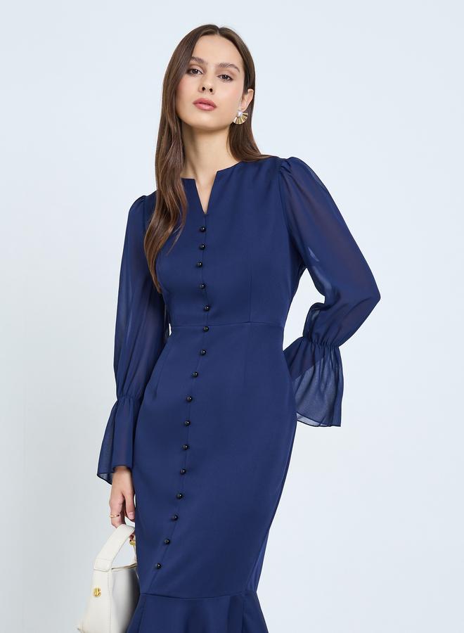 Take Two Dark Blue Button Detail Ruffle Hem Midi Dress - Image 2