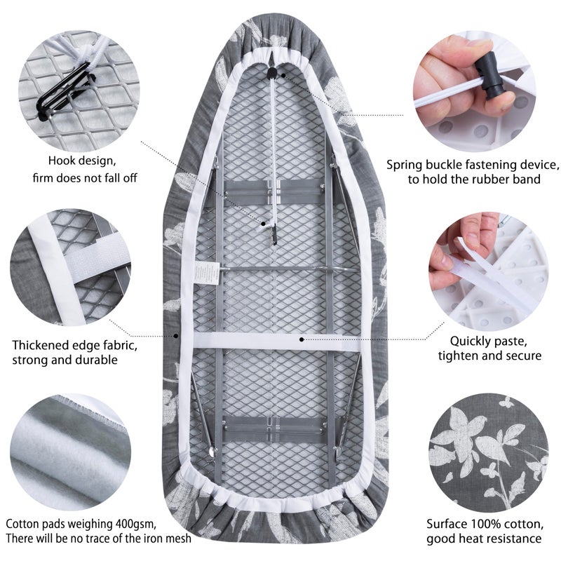 MZXcuin Small Ironing Board Cover Scorch Resistant, Cotton Table top Ironing Board Cover with Padding Heat Reflective Heavy Duty Pad (Grey Floral, 12.5"x32") - Image 4
