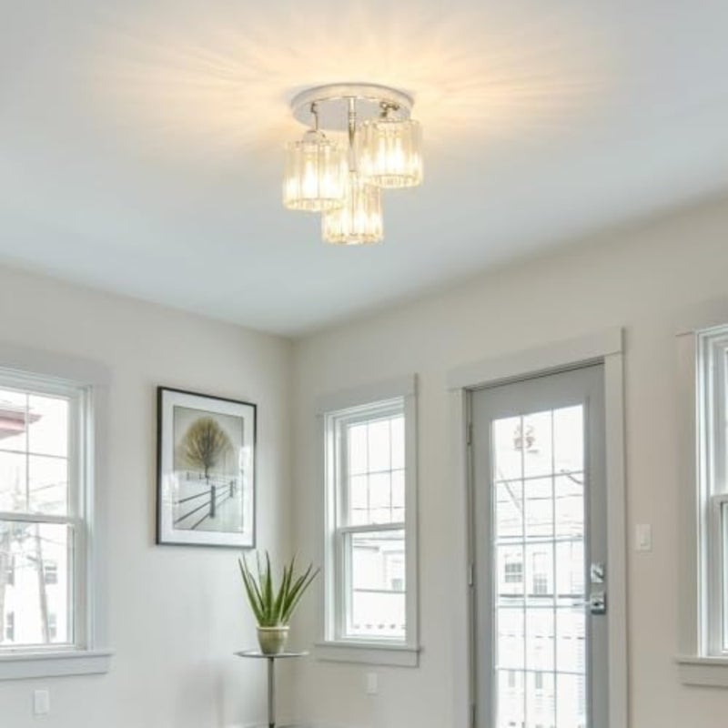 Kitchen, bedroom, bathroom hallway ceiling light fixture with chrome finish, clear crystal shade, modern semi-flush mount 3-light design - Image 3