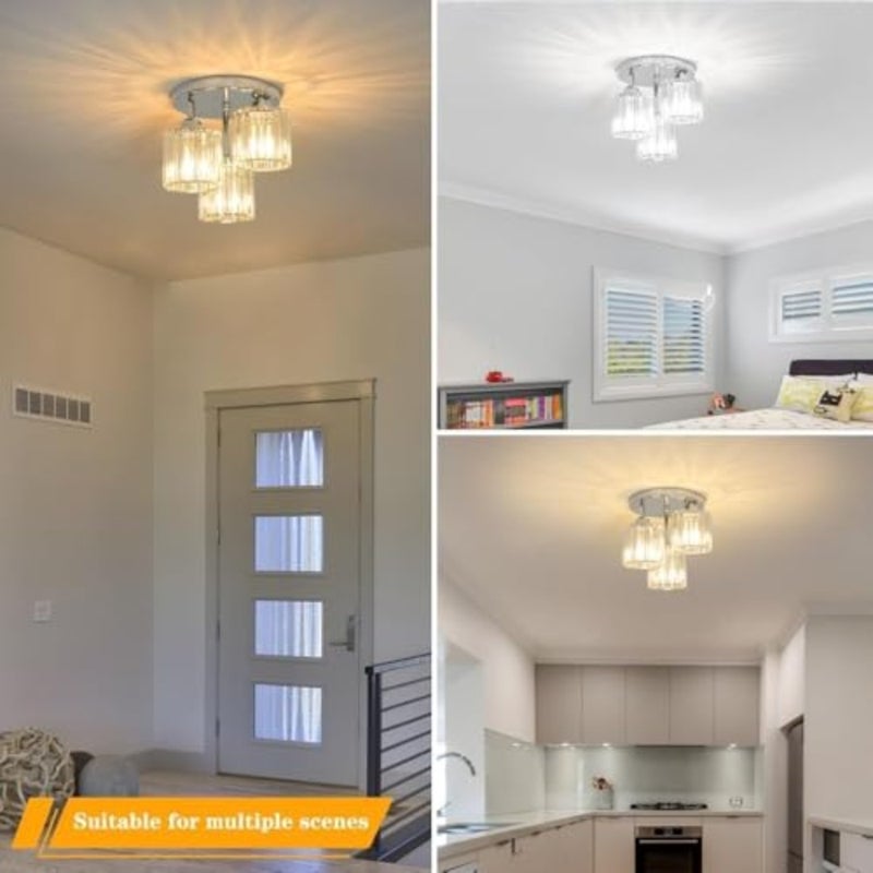 Kitchen, bedroom, bathroom hallway ceiling light fixture with chrome finish, clear crystal shade, modern semi-flush mount 3-light design - Image 5