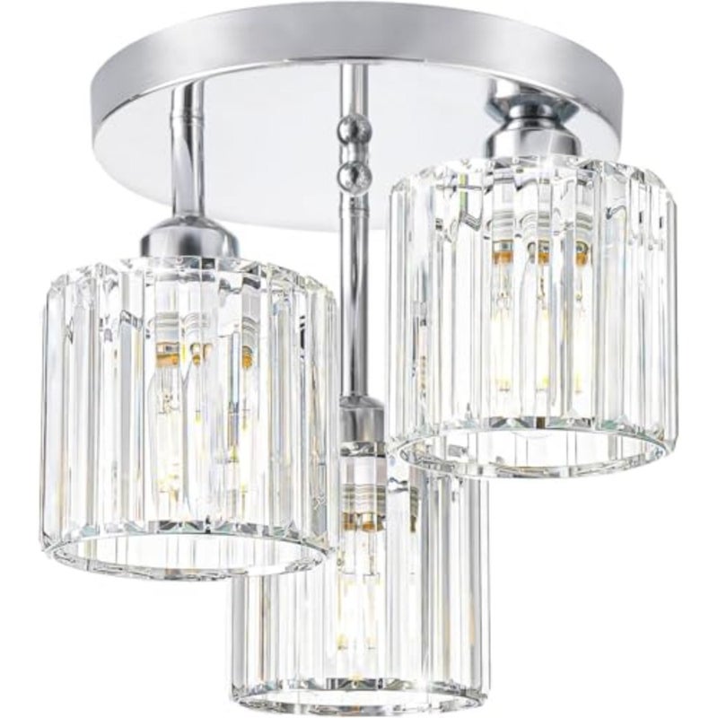 Kitchen, bedroom, bathroom hallway ceiling light fixture with chrome finish, clear crystal shade, modern semi-flush mount 3-light design - Image 1