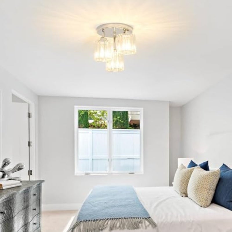 Kitchen, bedroom, bathroom hallway ceiling light fixture with chrome finish, clear crystal shade, modern semi-flush mount 3-light design - Image 2