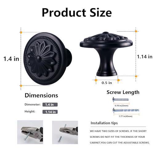 Xlroaafs Kitchen Cabinet Knobs, 10 Pack Matte Black Zinc Alloy, 1-2/5'' Round Handles for Cabinets and Drawers Dresser, Included Screws - Image 2