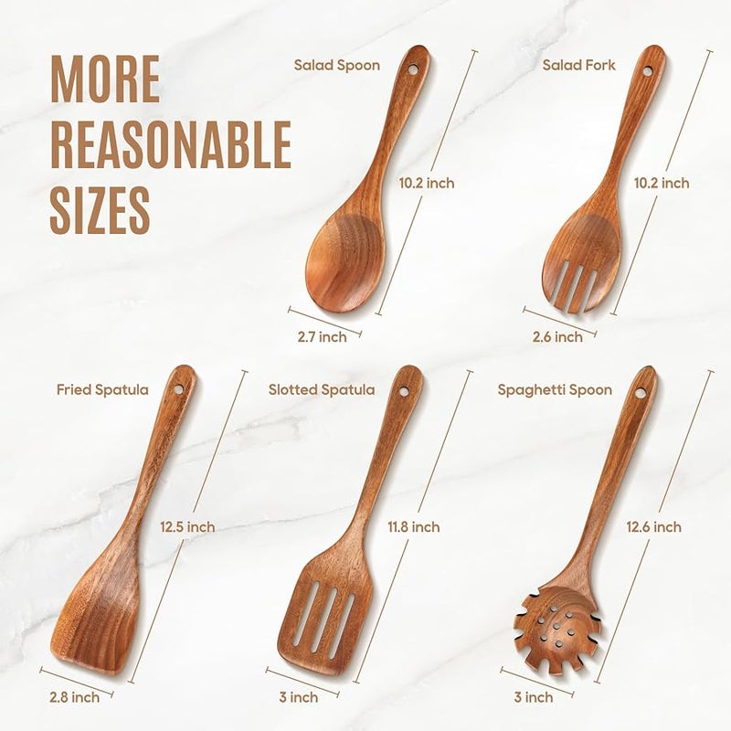 MULBOM 5 PCS Wooden Spoons for Cooking Natural Teak Kitchen Utensils Smooth Non-Stick Surface Cooking Utensils Set Soft Comfort-Grip Wooden Utensils for Cooking - Image 5