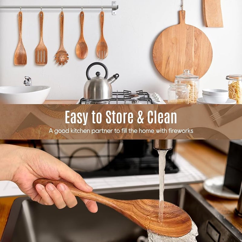 MULBOM 5 PCS Wooden Spoons for Cooking Natural Teak Kitchen Utensils Smooth Non-Stick Surface Cooking Utensils Set Soft Comfort-Grip Wooden Utensils for Cooking - Image 4