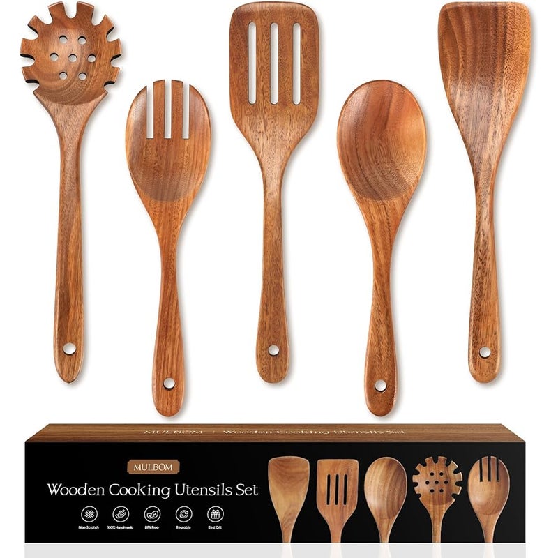 MULBOM 5 PCS Wooden Spoons for Cooking Natural Teak Kitchen Utensils Smooth Non-Stick Surface Cooking Utensils Set Soft Comfort-Grip Wooden Utensils for Cooking - Image 1