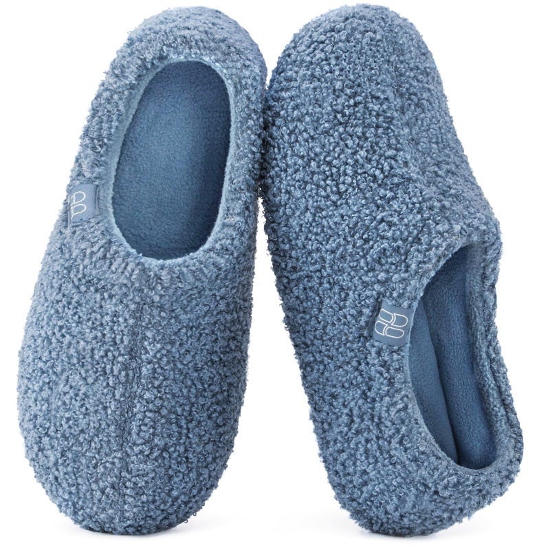 HomeTop Women's Fuzzy Curly Fur Memory Foam Loafer Slippers Bedroom House Shoes with Polar Fleece Lining (7-8, Cerulean) - Image 1