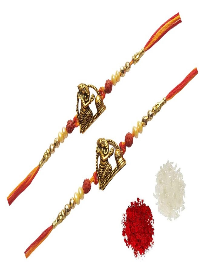 Samariya مجموعة هدايا SAMARIYA Metal Gold Fancy Designer Ganesh Rakhi للرجال والأطفال Borther Rakhi مجموعة هدايا Rakhi مع Roli Chawal Pack of 2 - Image 1