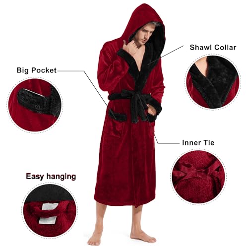 Inner Wish Mens Hooded Robe, Plush Long Bath robes Cozy Warm Bathrobe Fuzzy male Spa Robe With Pockets，BURGUNDY+BLACK，L/XL - Image 4