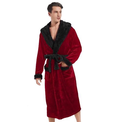 Inner Wish Mens Hooded Robe, Plush Long Bath robes Cozy Warm Bathrobe Fuzzy male Spa Robe With Pockets，BURGUNDY+BLACK，L/XL - Image 2