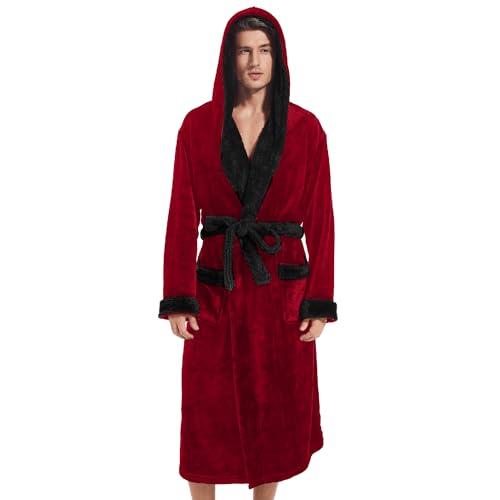 Inner Wish Mens Hooded Robe, Plush Long Bath robes Cozy Warm Bathrobe Fuzzy male Spa Robe With Pockets，BURGUNDY+BLACK，L/XL - Image 1