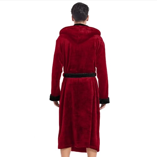 Inner Wish Mens Hooded Robe, Plush Long Bath robes Cozy Warm Bathrobe Fuzzy male Spa Robe With Pockets，BURGUNDY+BLACK，L/XL - Image 3