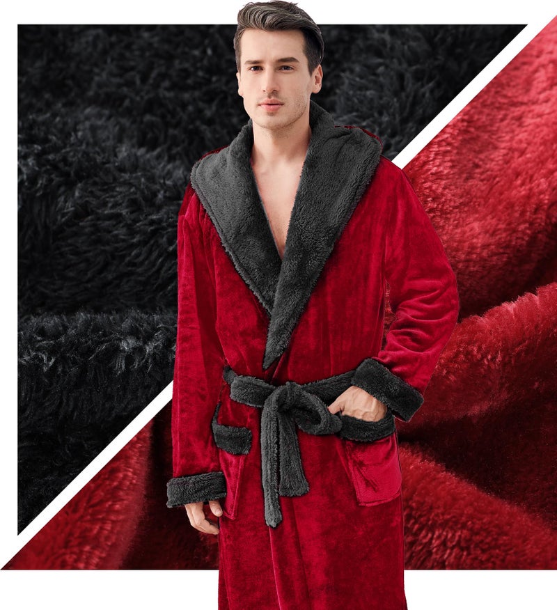 Inner Wish Mens Hooded Robe, Plush Long Bath robes Cozy Warm Bathrobe Fuzzy male Spa Robe With Pockets，BURGUNDY+BLACK，L/XL - Image 5