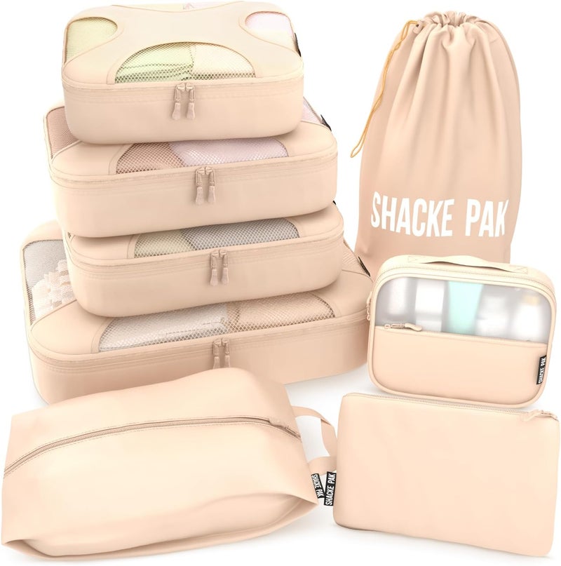 Shacke Packing Cubes for Travel 8 Set - Premium Luggage Organizer Bags - Versatile Travel Organizer for Women and Men - Optimized Packing Bags - Travel Essentials (Cream) | Complete suitcase organizer bags set: 4 luggage packing cubes + laundry, shoe, toiletry & accessories bags for any trip - Image 1