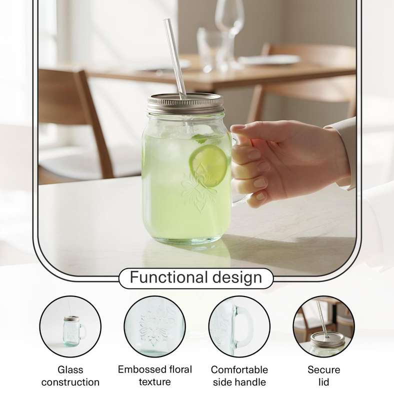 Pan Home برطمان ماسون زجاجي معاد تدويره باللون الأخضر الفاتح سعة 550 مل - Image 4
