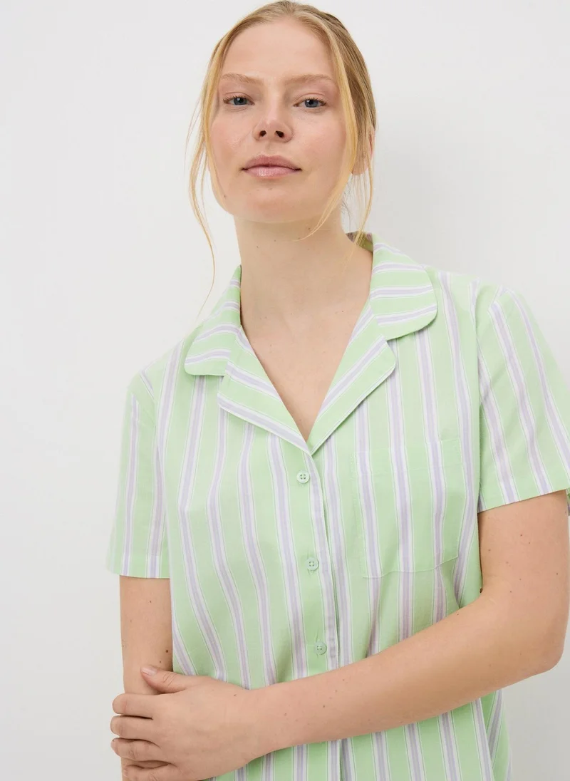 ماتلان Green Stripe Woven Button Up Pyjama Set