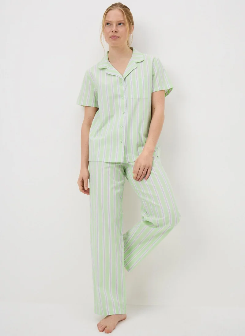 ماتلان Green Stripe Woven Button Up Pyjama Set