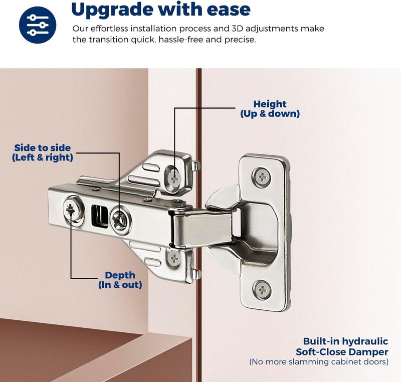 Ravinte 2 Pair 4 Packs Full Overlay Cabinet Door Hinges for Face Frame Cabinet,105 Degree Adjustable Concealed Kitchen Cabinet Hinges Soft Close - Image 4