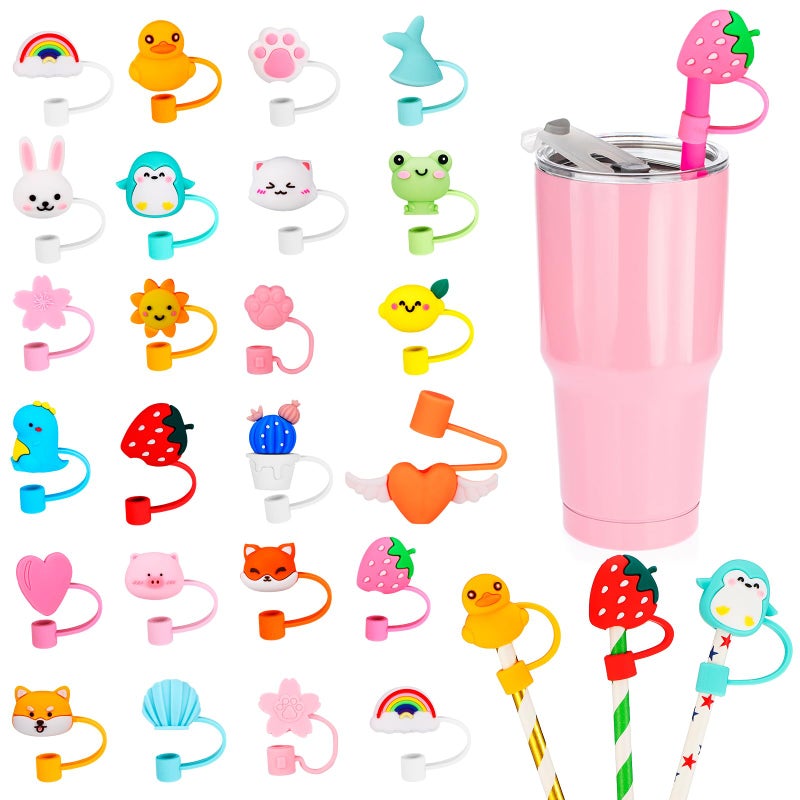 Nuenen 24 Pcs Straw Covers Caps Silicone Reusable Topper Tips Cute Cartoon Lids Splash Proof Plug for 6-8 mm Straws Tumblers Summer Beach Party Favors Home Kitchen Accessories - Image 1