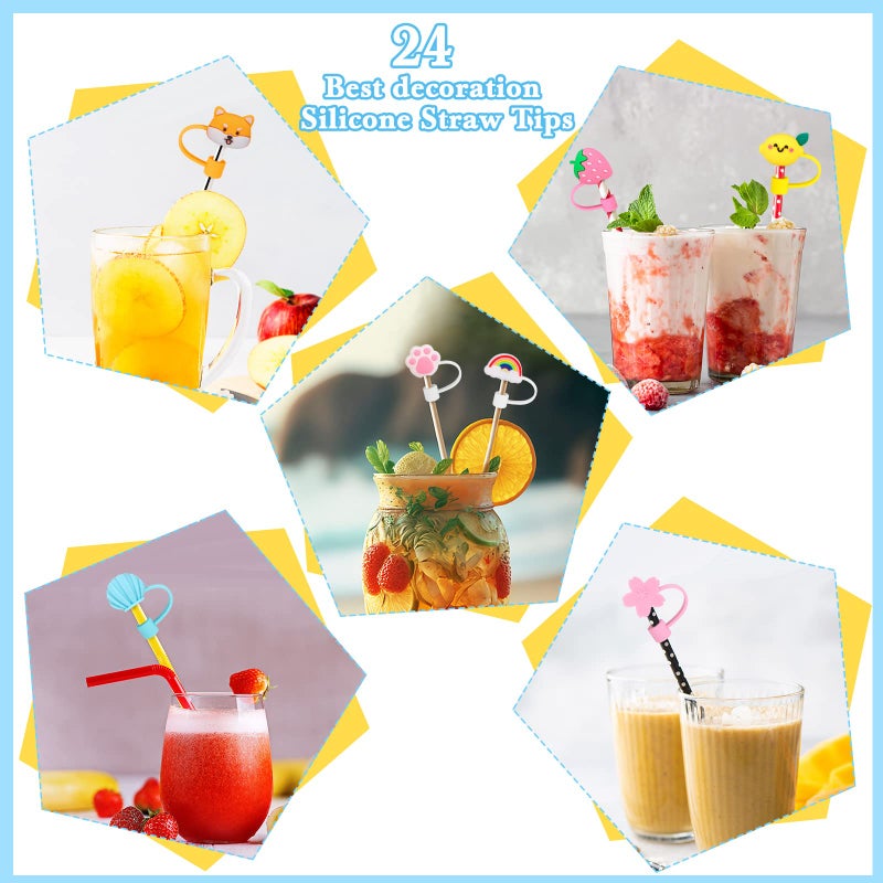 Nuenen 24 Pcs Straw Covers Caps Silicone Reusable Topper Tips Cute Cartoon Lids Splash Proof Plug for 6-8 mm Straws Tumblers Summer Beach Party Favors Home Kitchen Accessories - Image 5