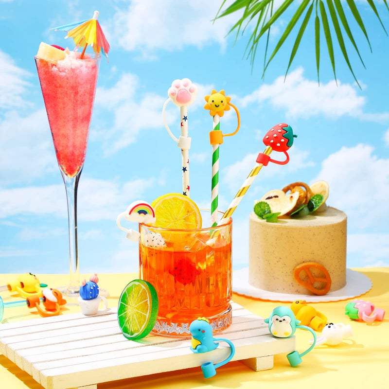 Nuenen 24 Pcs Straw Covers Caps Silicone Reusable Topper Tips Cute Cartoon Lids Splash Proof Plug for 6-8 mm Straws Tumblers Summer Beach Party Favors Home Kitchen Accessories - Image 3