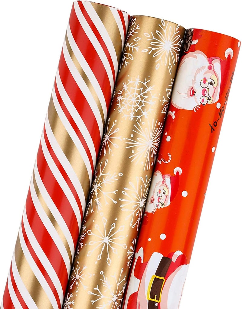 MAYPLUSS Christmas Wrapping Paper Roll - Mini Roll - 17.3 in X 120 in Per roll - 3 Different Christmas Red Snowman Gold Stripe,Gold Snowflake for Xmas Gift Wrap (43.2 sq.ft) - Image 1
