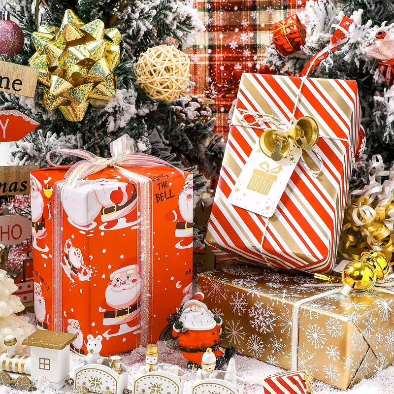 MAYPLUSS Christmas Wrapping Paper Roll - Mini Roll - 17.3 in X 120 in Per roll - 3 Different Christmas Red Snowman Gold Stripe,Gold Snowflake for Xmas Gift Wrap (43.2 sq.ft) - Image 3