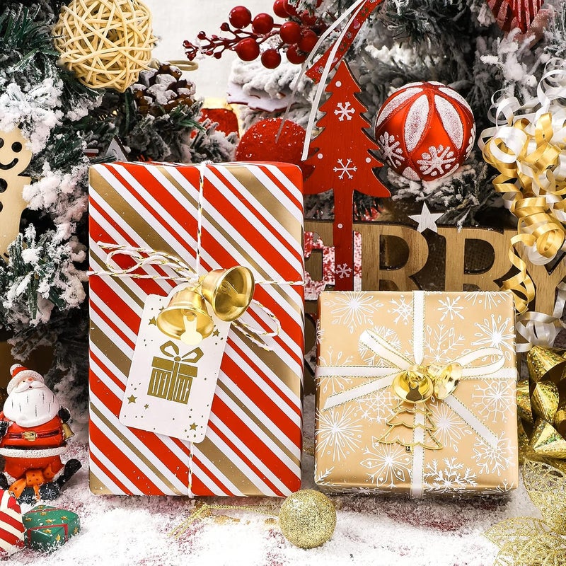 MAYPLUSS Christmas Wrapping Paper Roll - Mini Roll - 17.3 in X 120 in Per roll - 3 Different Christmas Red Snowman Gold Stripe,Gold Snowflake for Xmas Gift Wrap (43.2 sq.ft) - Image 5