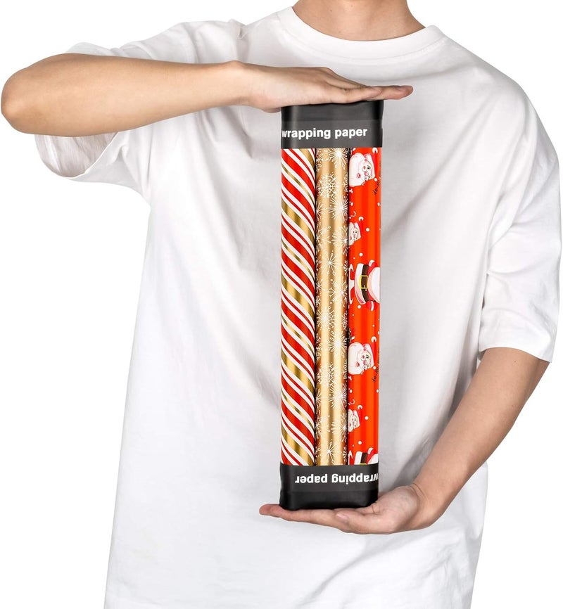 MAYPLUSS Christmas Wrapping Paper Roll - Mini Roll - 17.3 in X 120 in Per roll - 3 Different Christmas Red Snowman Gold Stripe,Gold Snowflake for Xmas Gift Wrap (43.2 sq.ft) - Image 2