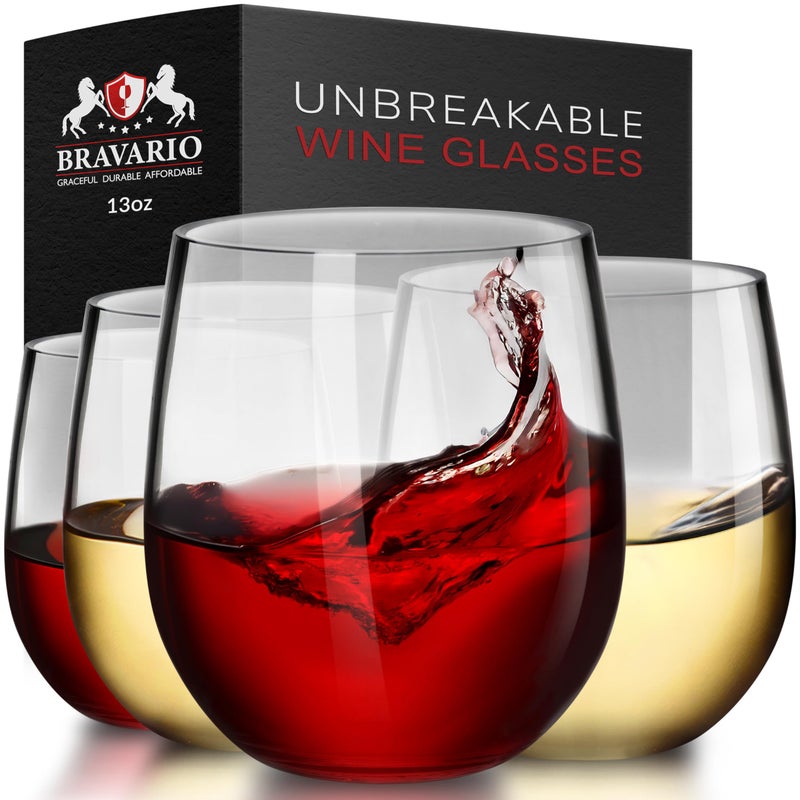 Bravario Unbreakable Stemless Plastic Wine Glasses  Reusable  Shatterproof 100 Tritan Plastic  DishwasherSafe  BPAfree  Awesome for Indoor  Outdoor  13 oz Set of 4