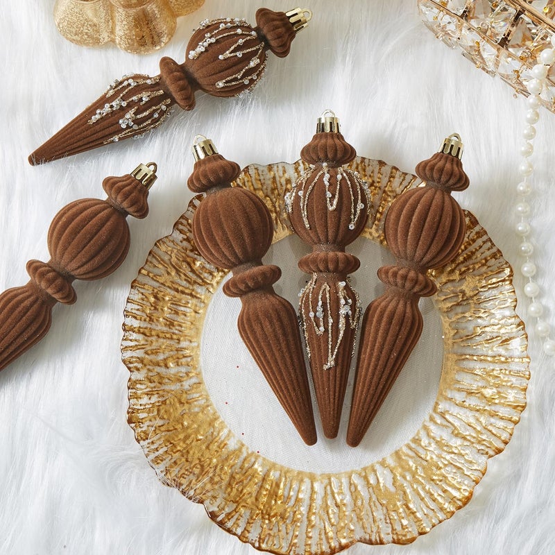 Munansli Brown Velvet Christmas Ornaments Set,6 Pack Plastic Shatterproof Christmas Ball Hanging Ornaments for Xmas Tree Decorations(6.7Inch) - Image 2