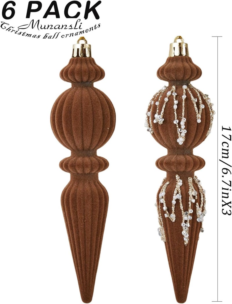 Munansli Brown Velvet Christmas Ornaments Set,6 Pack Plastic Shatterproof Christmas Ball Hanging Ornaments for Xmas Tree Decorations(6.7Inch) - Image 3