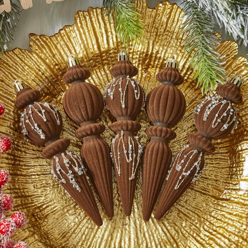 Munansli Brown Velvet Christmas Ornaments Set,6 Pack Plastic Shatterproof Christmas Ball Hanging Ornaments for Xmas Tree Decorations(6.7Inch) - Image 4
