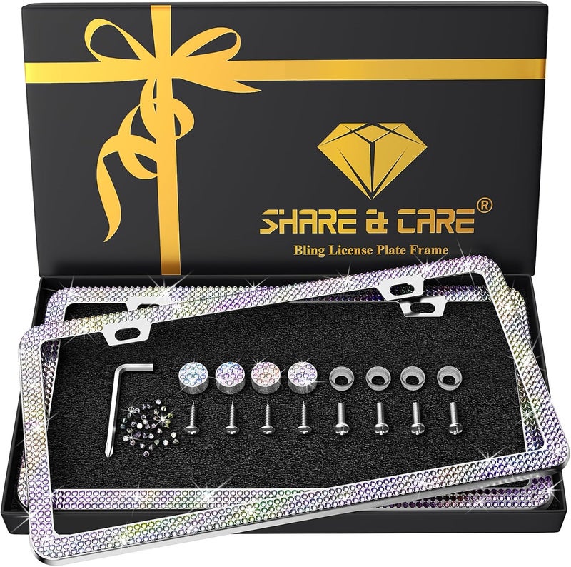 SHARE&CARE إطار لوحة الترخيص اللامع الكريستالي الفاخر وأغطية صمامات إطارات السيارة مع صندوق هدايا 48 وجهًا SS20 من أحجار الراين الماس الكريستالي مع مجموعة براغي - عبوة مزدوجة (AB-gi) يناسب كل ميزانية - Image 1